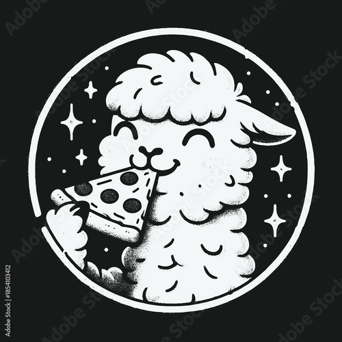 Cute cartoon llama eating a slice of pepperoni pizza.