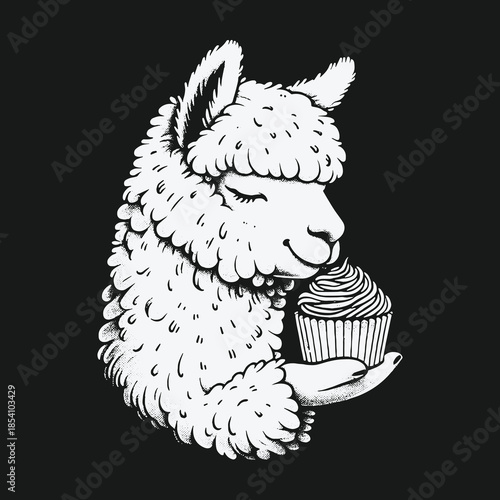 Adorable fluffy llama holding a sweet cupcake dessert.