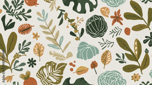 Vector template featuring organic motifs in a flat design style, with intricate patterns and shapes, incorporating earthy tones such as olive green, terracotta