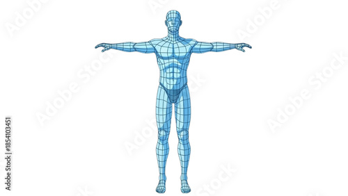 A blue wireframe human figure with outstretched arms stands against a white background in a digital illustration.