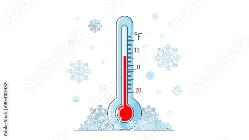 Graphic illustration of a thermometer with rising temperature in snowy weather conditions.