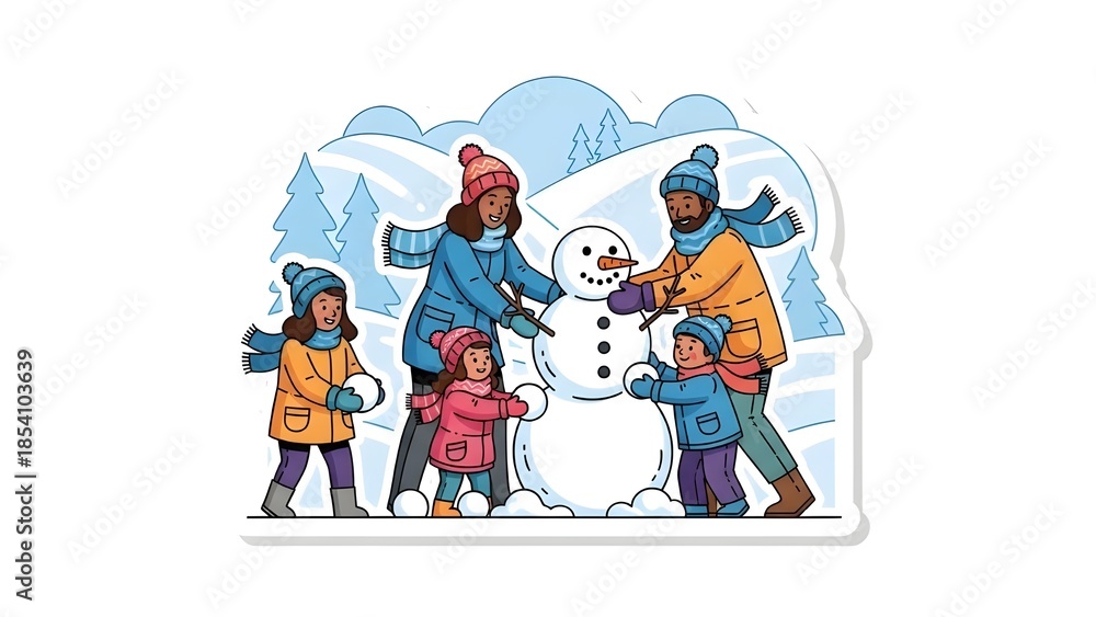Fototapeta premium Happy diverse family enjoying winter day, building a snowman together in snowy landscape with cheerful children
