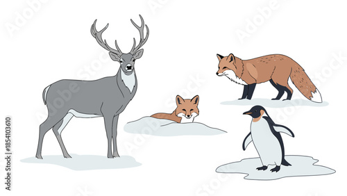 Illustration of a deer, two foxes, and a penguin standing on separate ice floes against a white background.