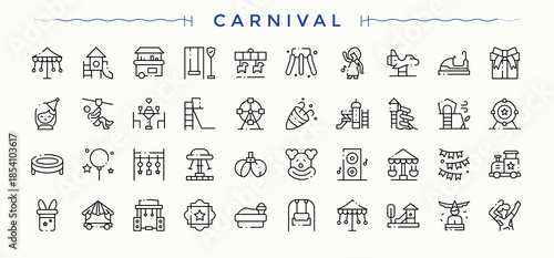 Carnival icon set. Recreation icon set. Minimalist editable vector stroke. Contain linear symbols entertainment, recreation, fun, games and more. Editable vector illustration.