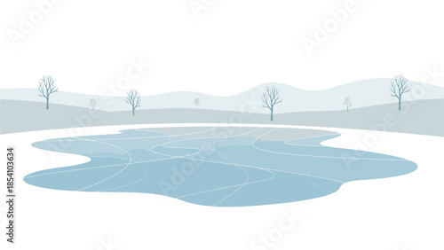 Illustration of a serene winter landscape with a frozen pond and bare trees against a hilly background in muted blue and gray tones.