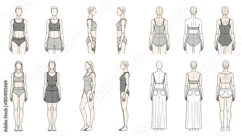 Collection of Female Figures in Various Outfits Illustrated from Different Angles