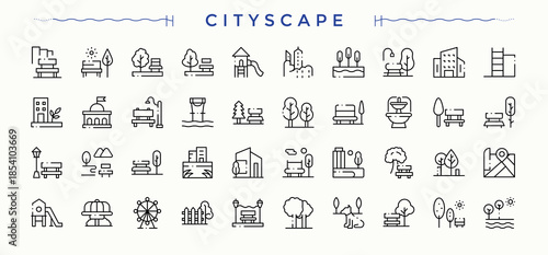 Cityscape vector icon set. Contain linear sign lake, outdoor, ground, garden, landscape, city park and more. Cityscape icon. Minimalist icons pack. Editable stroke.