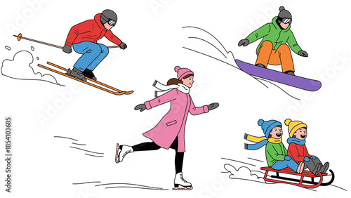 Cartoon illustration of people skiing, snowboarding and sledding in winter with colorful clothing on a white background.