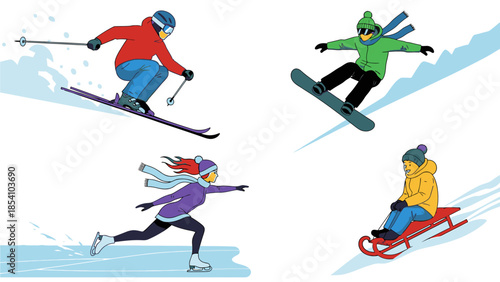 Illustration of people skiing, snowboarding, and sledding down a snowy slope in a colorful cartoon style with a playful mood.