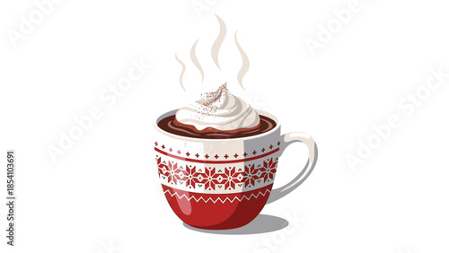 A festive red mug filled with hot chocolate topped with whipped cream against a clean white background.