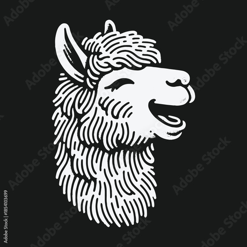 Happy Laughing Alpaca Head Vector Illustration in Linocut Style.
