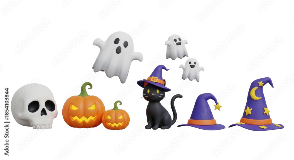 Fototapeta premium 3d cartoon halloween elements skull pumpkins ghosts black cat and witch hats transparent background cutout png