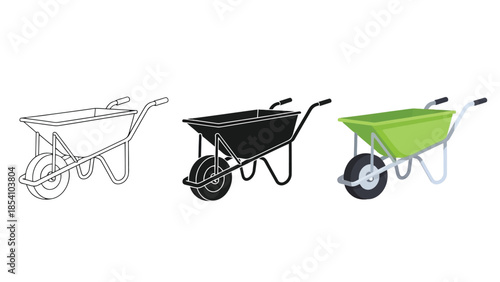 Wheelbarrow Vector Set for Construction, Gardening and Heavy Duty Transport Tools in Line, Silhouette and Color Style