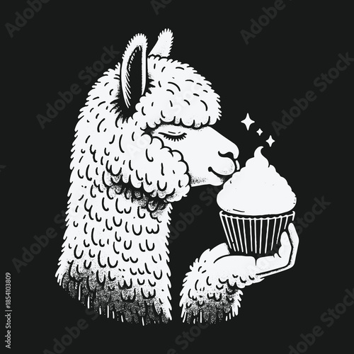 A cute fluffy alpaca holding a delicious sparkling cupcake.