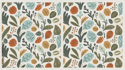Vector template featuring organic motifs in a flat design style, with intricate patterns and shapes, incorporating earthy tones such as olive green, terracotta
