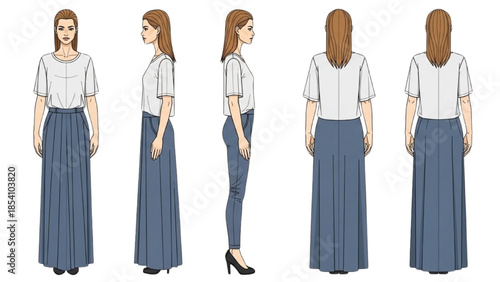 Illustrations of a woman in various poses wearing a white shirt and blue skirt against a white background