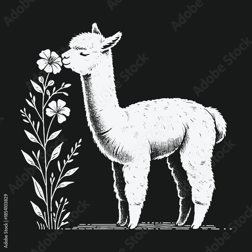 Charming white alpaca smelling a flower on a black background.