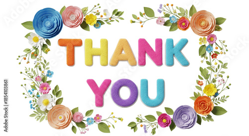 Vibrant 3D Thank You Message in Floral Paper Craft Wreath for Customer Appreciation, Greeting Cards, and Positive Marketing.