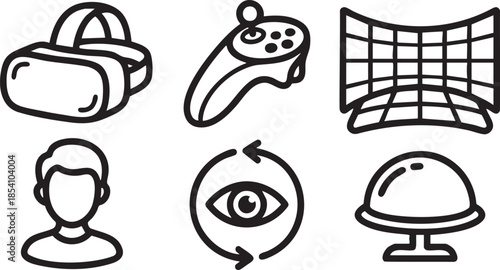 Virtual reality headset controller eye and user in black outline goggles