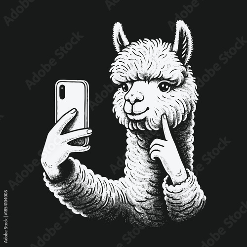 Funny anthropomorphic llama taking a selfie with a smartphone.