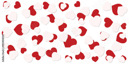 Scattered Red and White Heart Shapes on a White Background.