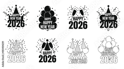 Black and white new year designs featuring balloons hats and confetti