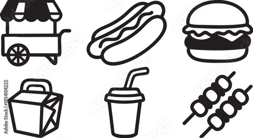 Black and white of street food including a cart burger hot dog drink and skewers