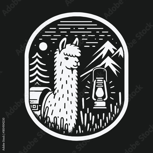 Vintage black and white illustration of a llama camping at night.