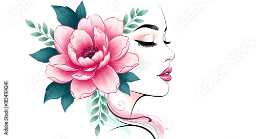 Elegant Woman Profile Drawing with Pink Peony Flower Beauty and Wellness Illustration