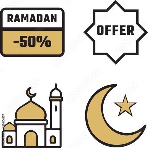 Minimal Ramadan Offer Icons and Sale Labels Vector Set, Islamic Discount Symbols