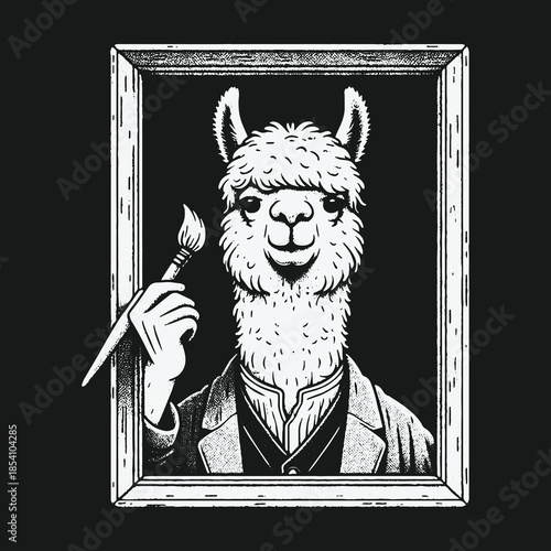 Creative anthropomorphic llama artist holding a paintbrush in a frame.