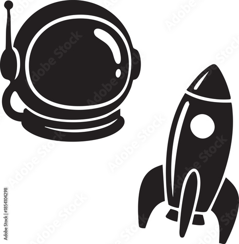 Black astronaut helmet and rocket ship icons on white background space