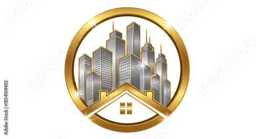 Premium Gold Real Estate Logo Icon Urban Skyline and House Roof Luxury Property Investment Symbol 3D Render.