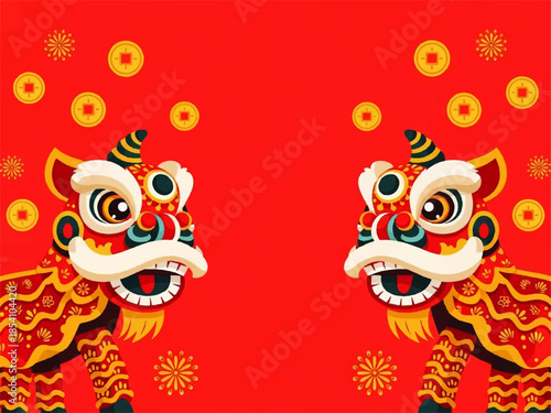 Traditional Chinese Lion Dance Pair Illustration on Red Background for Lunar New Year Celebration Design