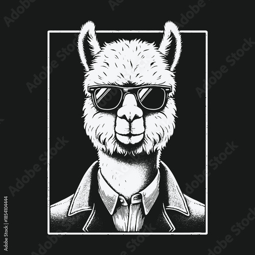 Stylish Anthropomorphic Llama in Sunglasses and Suit Illustration.