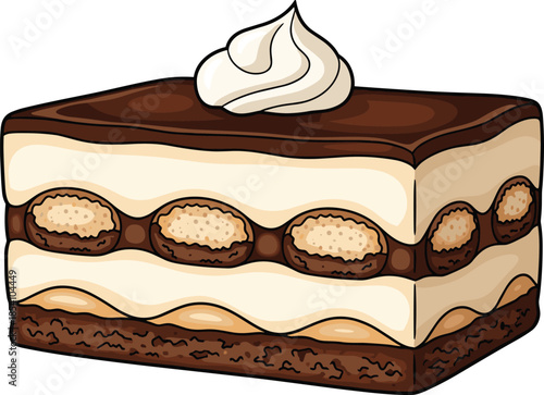 Layered chocolate dessert illustration, creamy tiramisu cake cartoon, sweet bakery food vector, cocoa cream pastry, isolated white background, design, icon