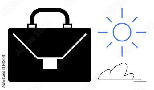 Work-life balance, corporate lifestyle, business travel, leisure, productivity, minimalism. A briefcase beside a sun and cloud work and leisure. Work-life balance and corporate lifestyle concepts