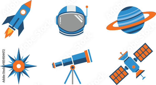 Geometric flat design set of 6 space icons rocket ship astronaut helmet planet star telescope and satellite