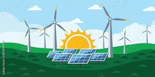 Vibrant flat illustration of a renewable energy farm with solar panels and wind turbines under a bright sun, representing clean power, sustainability, green technology, and eco-friendly energy