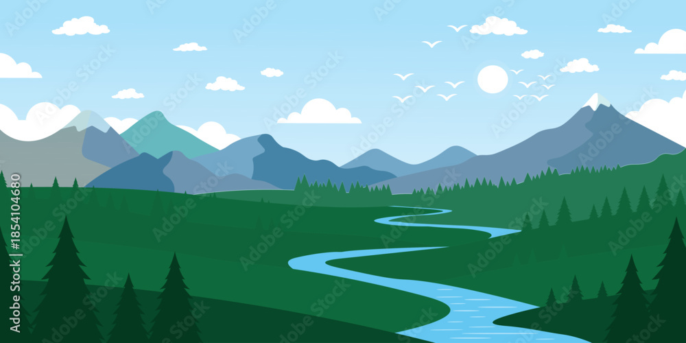 Fototapeta premium Beautiful flat illustration of a winding blue river flowing through a green meadow with distant mountains, creating a calm nature landscape ideal for travel websites, outdoor branding, and national 