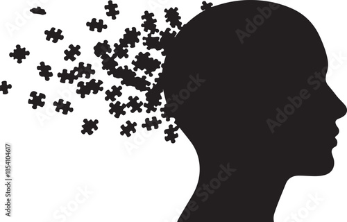 Abstract Black Silhouette Human Head Profile with Disintegrating Puzzle Pieces Vector Illustration