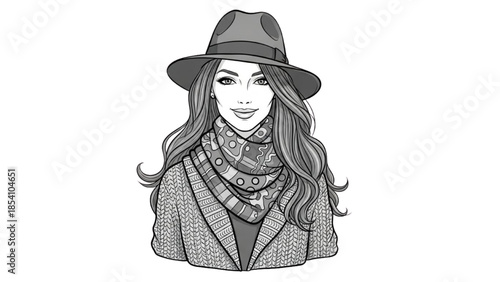 A smiling woman wearing a hat and scarf is illustrated in a grayscale portrait