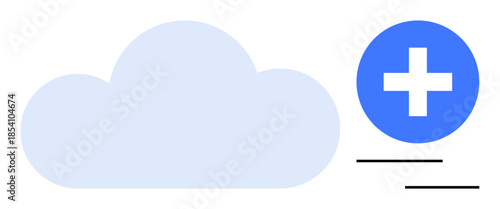 Light blue cloud with a bold blue circle and white plus sign indicating add function, supported by minimalist lines. Ideal for cloud computing, data storage, digital expansion, file backup, software