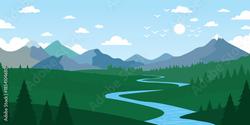 Beautiful flat illustration of a winding blue river flowing through a green meadow with distant mountains, creating a calm nature landscape ideal for travel websites, outdoor branding, and national 