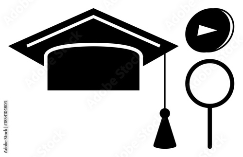 Online education, e-learning resources, knowledge search, virtual tools, academic growth, self-learning. Graduation cap, play button magnifying glass. Focus on e-learning and educational resources