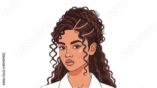 A digitally illustrated portrait of a young woman with braided hair, facing slightly to the side, showcasing her hairstyle and facial features in a minimalist background.