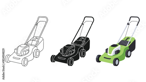 Lawn Mower Vector Set for Grass Cutting and Garden Care in Line, Silhouette and Color Style