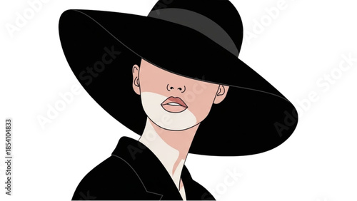 Illustration of a woman wearing a large black hat and coat from a front viewpoint