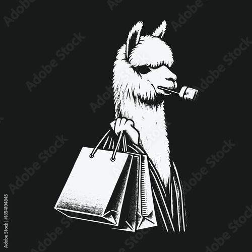A sophisticated alpaca smoking a pipe while carrying shopping bags illustration.