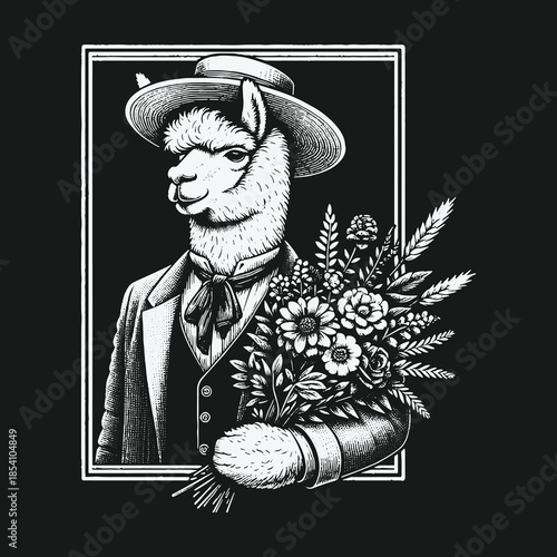 Dapper Alpaca in a Vintage Suit Holding a Bouquet of Flowers.